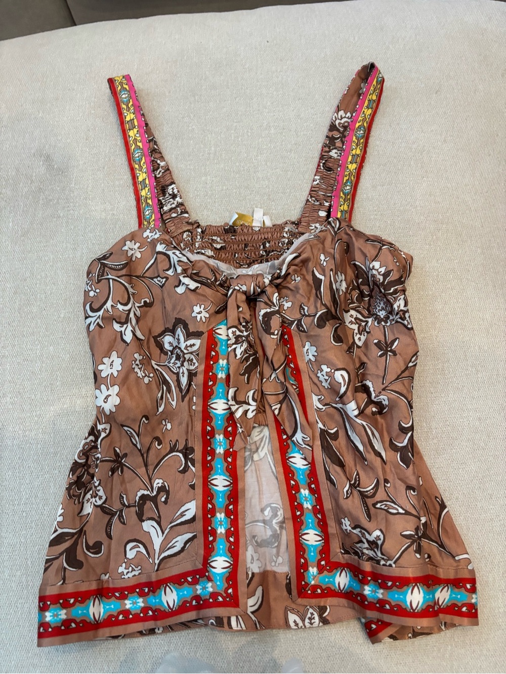 Ramy Brook Brown Floral Tie-Front Camisole with Multicolor Trim
